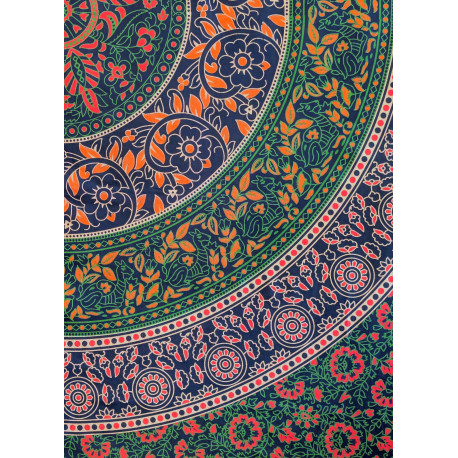Tenture murale indienne mandala floral cachemire en coton bleu marine, vert et corail - 200 x 240 cm