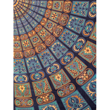 Tenture murale indienne mandala mosaïque en coton bleu marine, bleu turquoise et beige - 200 x 240 cm