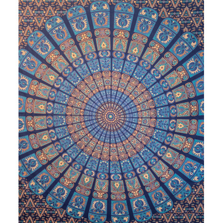 Tenture murale indienne mandala mosaïque en coton bleu marine, bleu turquoise et beige - 200 x 240 cm