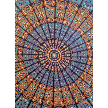 Tenture murale indienne mandala mosaïque en coton bleu marine, bleu turquoise et beige - 200 x 240 cm