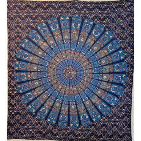 Tenture murale indienne mandala mosaïque en coton bleu marine, bleu turquoise et beige - 200 x 240 cm