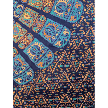 Tenture murale indienne mandala mosaïque en coton bleu marine, bleu turquoise et beige - 200 x 240 cm