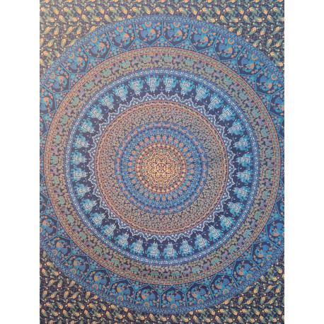 Tenture murale indienne mandala éléphants et paons en coton bleu marine, bleu turquoise et beige - 200 x 240 cm