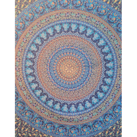 Tenture murale indienne mandala éléphants et paons en coton bleu marine, bleu turquoise et beige - 200 x 240 cm