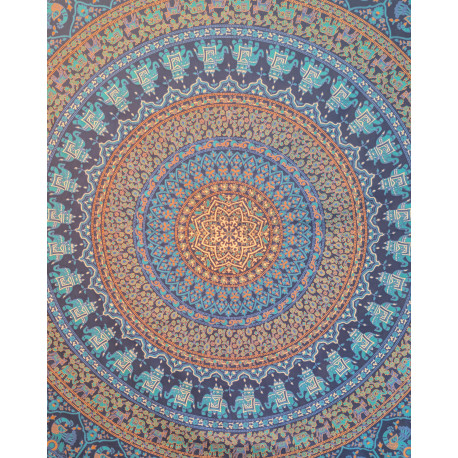 Tenture murale indienne mandala éléphants et paons en coton bleu marine, bleu turquoise et beige - 200 x 240 cm
