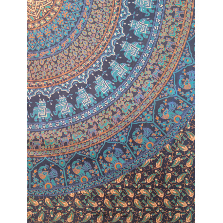 Tenture murale indienne mandala éléphants et paons en coton bleu marine, bleu turquoise et beige - 200 x 240 cm